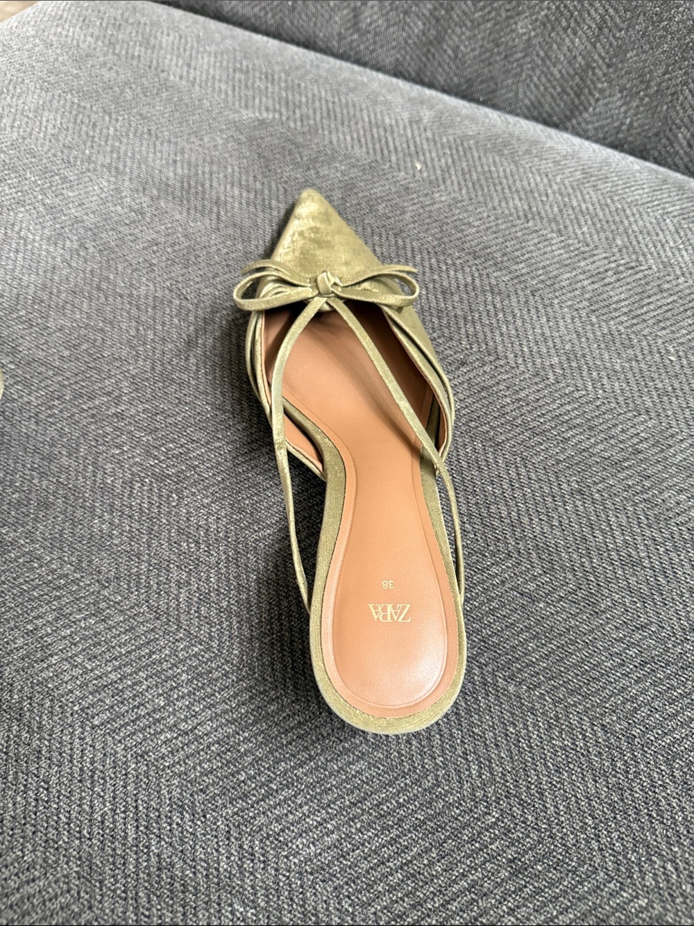 Zara Olive Green Velvet Pointed Toe Mules - Picture 6 of 9